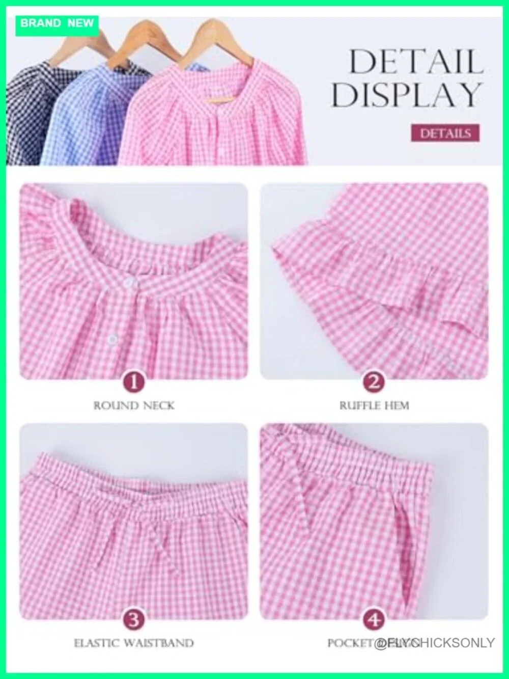 3 Piece Gingham Pajama Set Ruffle Short Sleeve Top Long Pants & Shorts Cotton